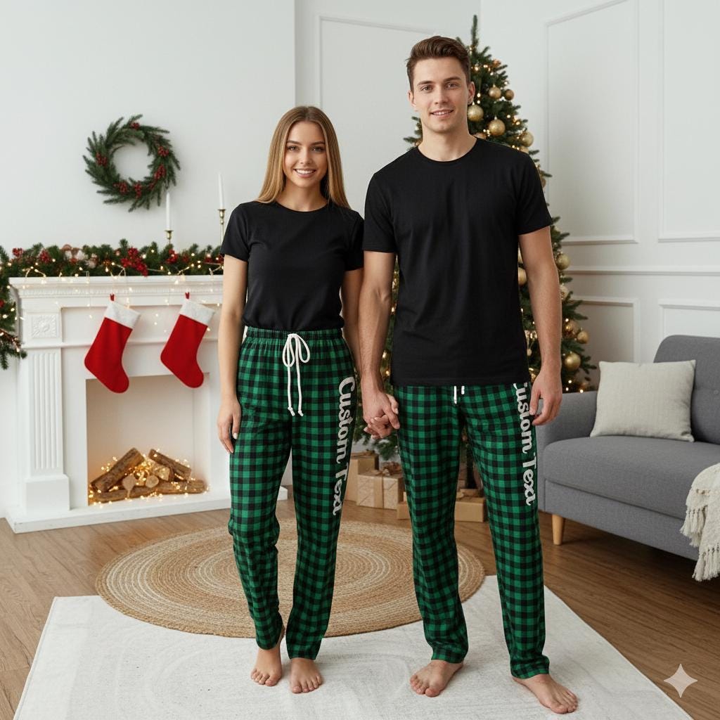 Personalized Christmas Plaid Pajama Pants: Red Green Checker, Custom Family Pajamas