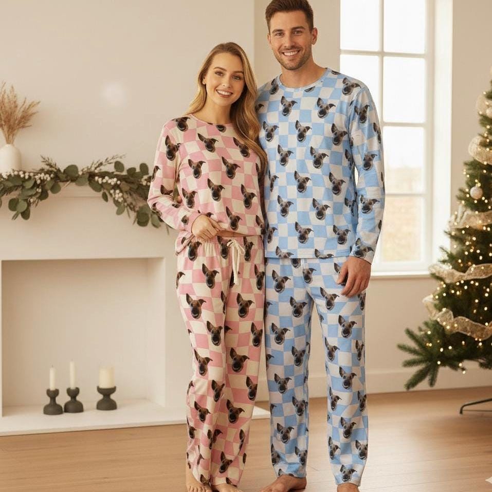 Personalized Pet Photo Checker Pajama , Custom Dog & Cat Portrait PJs, Family Matching LoungewearLoungewear