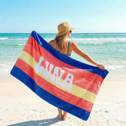 Retro MULTI COLOR STRIPE Personalized Beach Towel: Custom Name Bath Towel