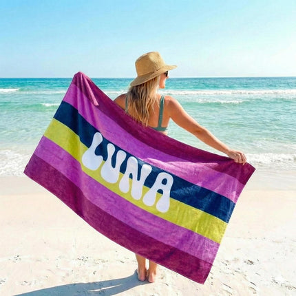 Retro MULTI COLOR STRIPE Personalized Beach Towel: Custom Name Bath Towel