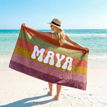 Retro MULTI COLOR STRIPE Personalized Beach Towel: Custom Name Bath Towel