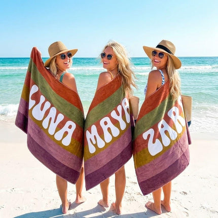 Retro MULTI COLOR STRIPE Personalized Beach Towel: Custom Name Bath Towel