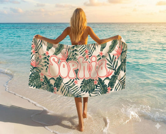 Personalized Palm Leaf Beach Towel: Custom Name Vacation Gift