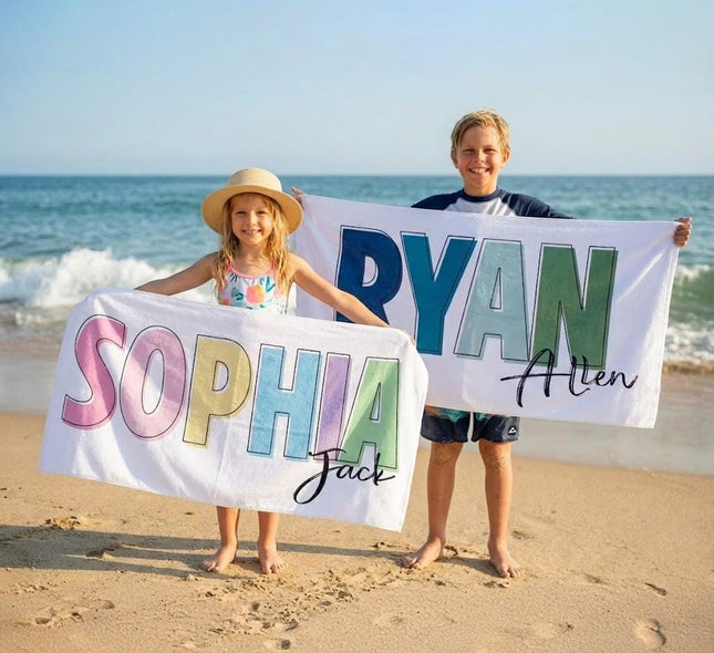 Personalized Beach Towel: Multi-Color Font, Custom Name