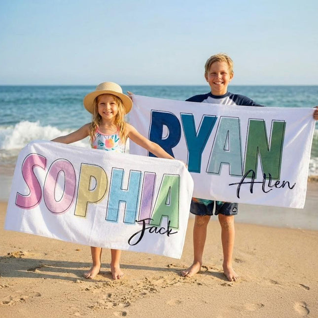 Personalized Beach Towel: Multi-Color Font, Custom Name
