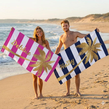 Personalized Gold Palm Tree Beach Towel: Custom Name Vacation Gift