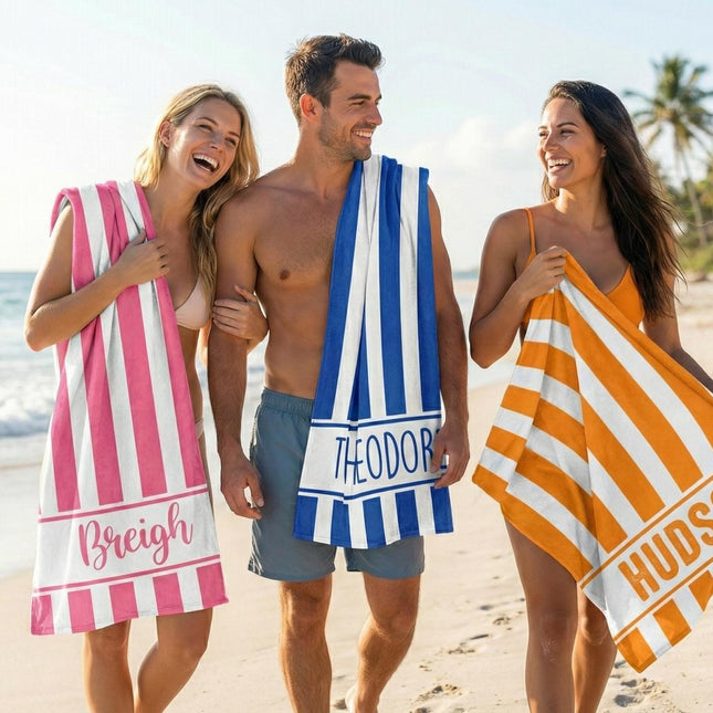 Personalized Stripe Beach Towel: Custom Name Vacation Gift