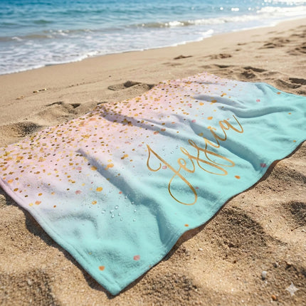 Sparkling Gold Name Beach Towel: Personalized Vacation Gift