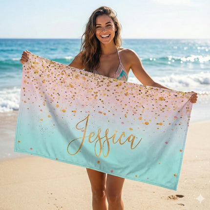 Sparkling Gold Name Personalized Beach Towel Personalized Name Bath Towel Custom Pool Towel Beach Towel With Name Birthday Vacation Gift