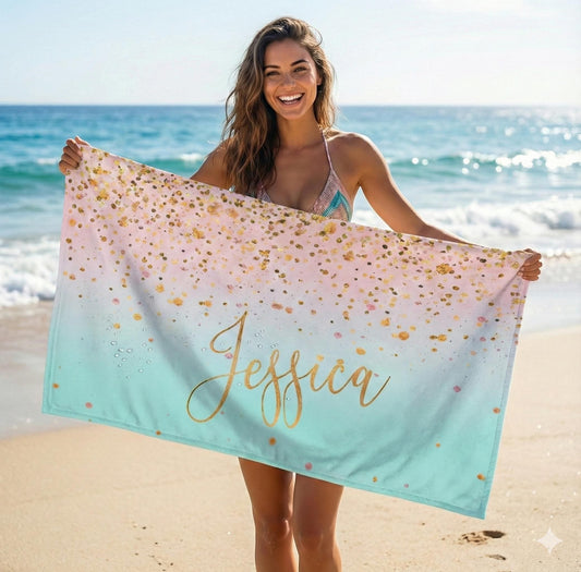 Sparkling Gold Name Beach Towel: Personalized Vacation Gift