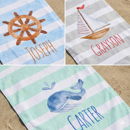Sea Watercolor Personalized Beach Towel: Nautical Name Towel Easter basket gift