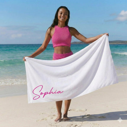 Personalized Script Name Beach Towel: Custom Birthday Vacation Gift