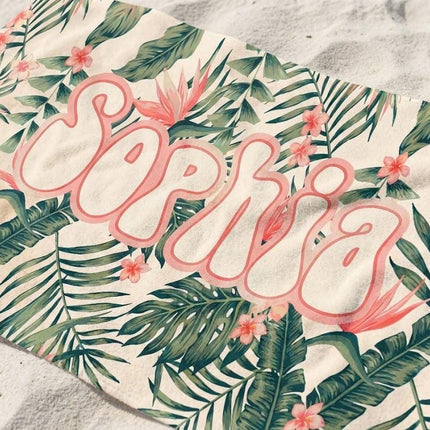 Personalized Tropical Floral Beach Towel: Custom Name Vacation Gift