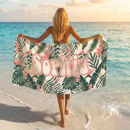 Personalized Tropical Floral Beach Towel: Custom Name Vacation Gift