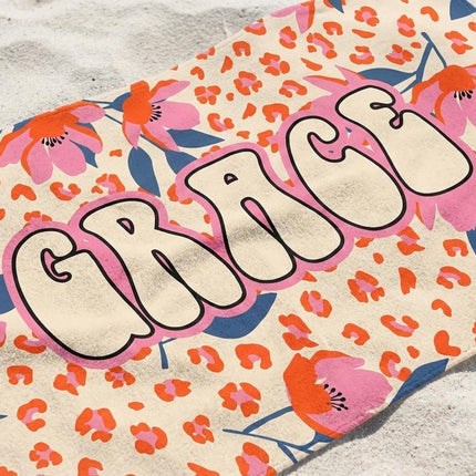 Personalized Tropical Floral Beach Towel: Custom Name Vacation Gift