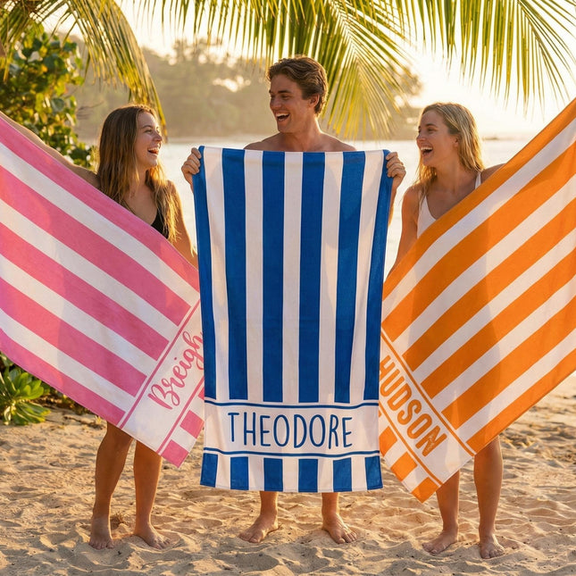 Personalized Stripe Beach Towel: Custom Name Vacation Gift