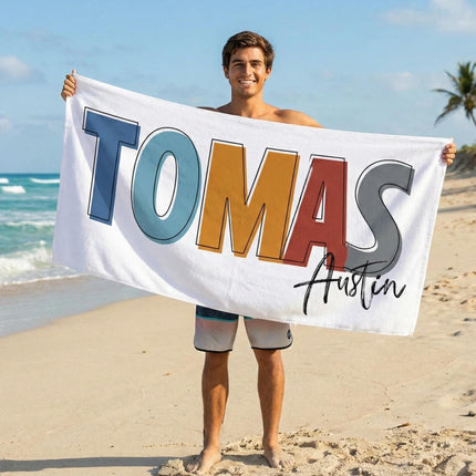 Personalized Beach Towel: Multi-Color Font, Custom Name