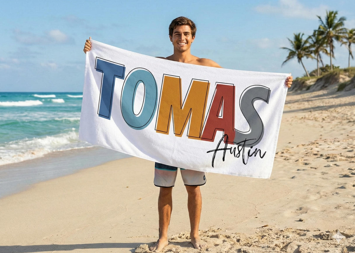 Personalized Beach Towel: Multi-Color Font, Custom Name