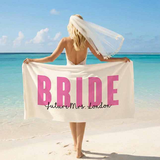 Personalized Bride Beach Towel: Bold Font Bridal Shower Gift