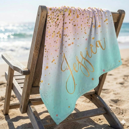 Sparkling Gold Name Personalized Beach Towel Personalized Name Bath Towel Custom Pool Towel Beach Towel With Name Birthday Vacation Gift