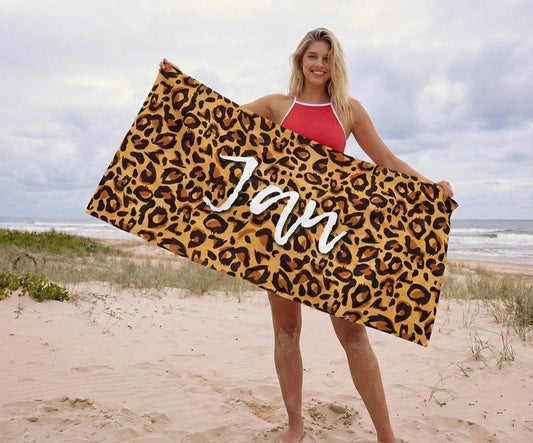 Personalized Animal Print Beach Towel: Custom Name Pool Towel
