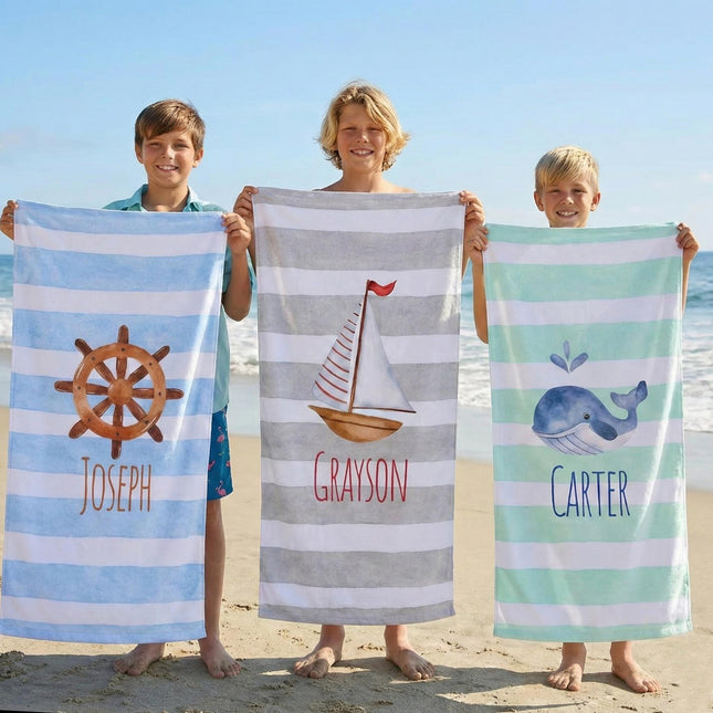 Sea Watercolor Personalized Beach Towel: Nautical Name Towel Easter basket gift