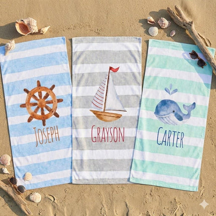 Sea Watercolor Personalized Beach Towel: Nautical Name Towel Easter basket gift