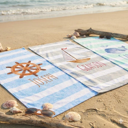 Sea Watercolor Personalized Beach Towel: Nautical Name Towel Easter basket gift