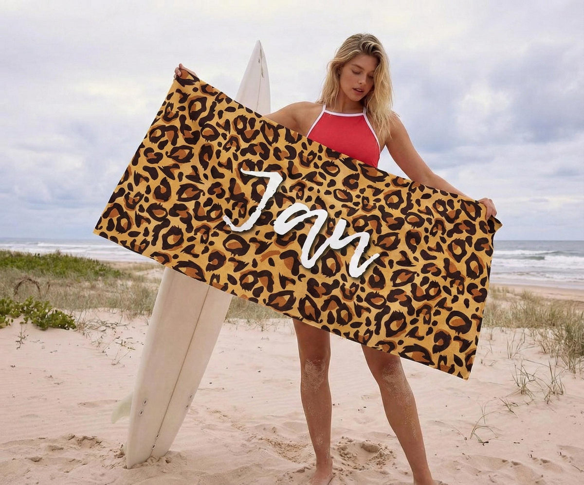 Personalized Leopard Print Beach Towel: Custom Name Pool Towel