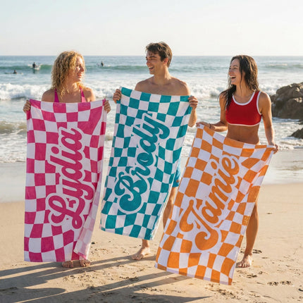 Personalized Checkerboard Beach Towel: Retro Custom Name Gift