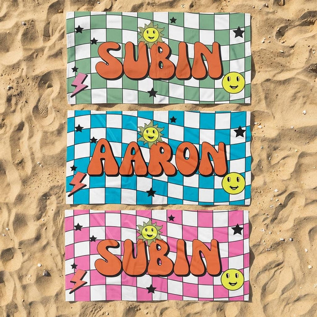 Retro Groovy Personalized Beach Towel: Custom Name Pool Towel