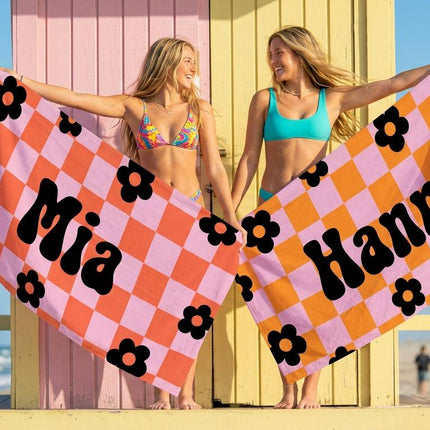 Personalized Retro Checker Beach Towel: 70s Style Custom Name Bath Towel