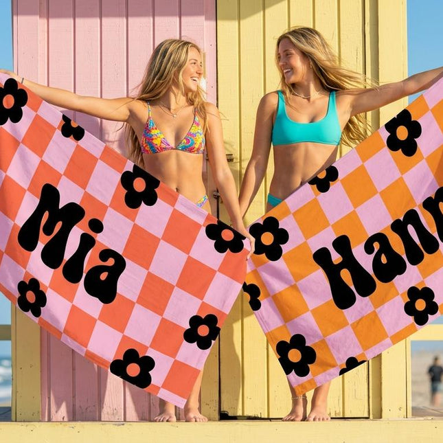 Personalized Retro Checker Beach Towel: 70s Style Custom Name Bath Towel