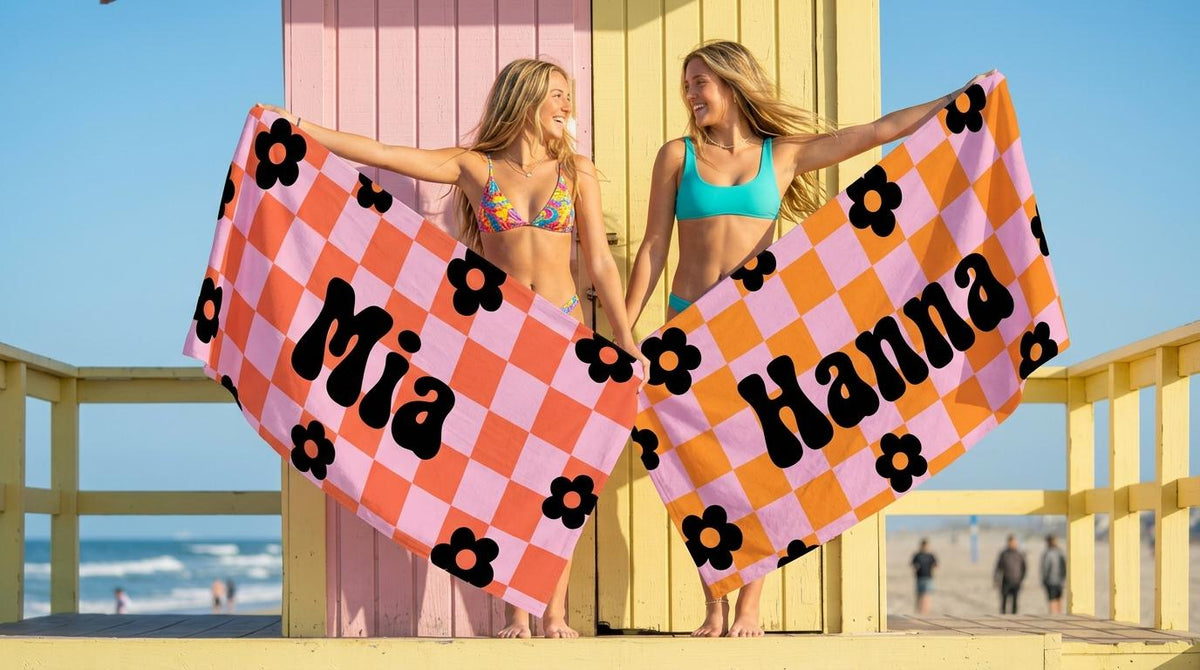 Personalized Retro Checker Beach Towel: 70s Style Custom Name Bath Towel