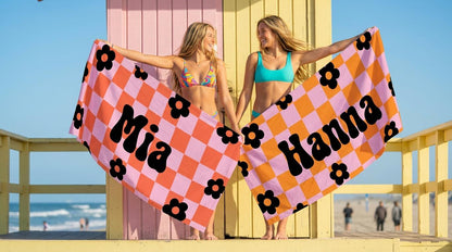 Personalized Retro Checker Beach Towel: 70s Style Custom Name Bath Towel