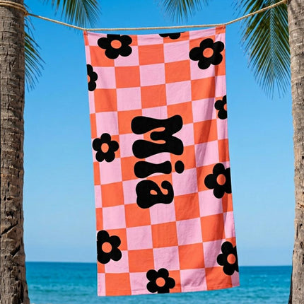 Personalized Retro Checker Beach Towel: 70s Style Custom Name Bath Towel