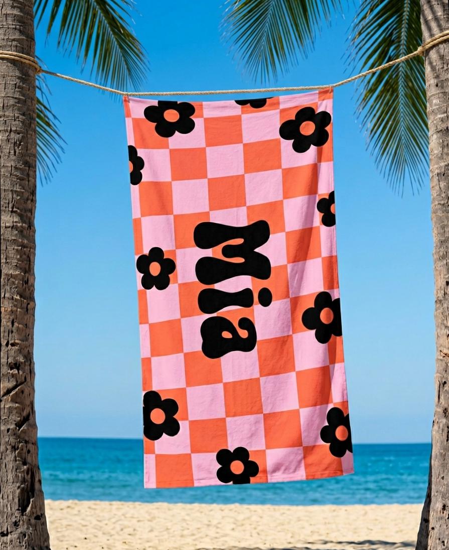 Personalized Retro Checker Beach Towel: 70s Style Custom Name Bath Towel