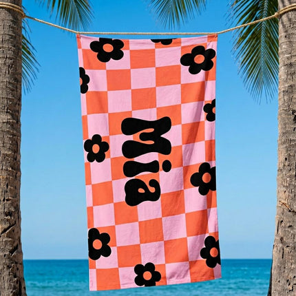 Personalized Retro Checker Beach Towel: 70s Style Custom Name Bath Towel