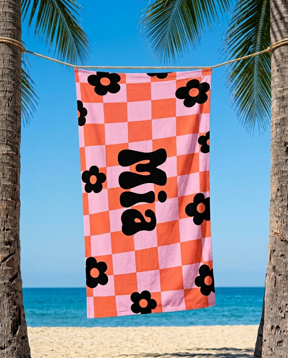 Personalized Retro Checker Beach Towel: 70s Style Custom Name Bath Towel