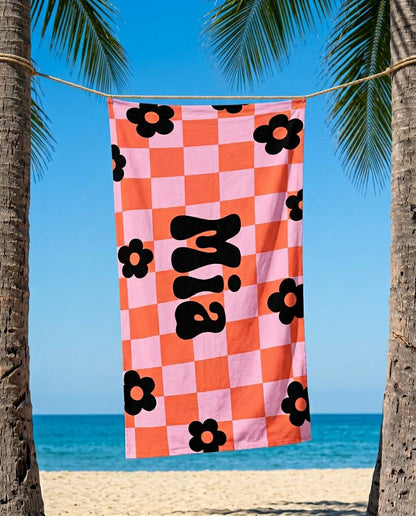 Personalized Retro Checker Beach Towel: 70s Style Custom Name Bath Towel