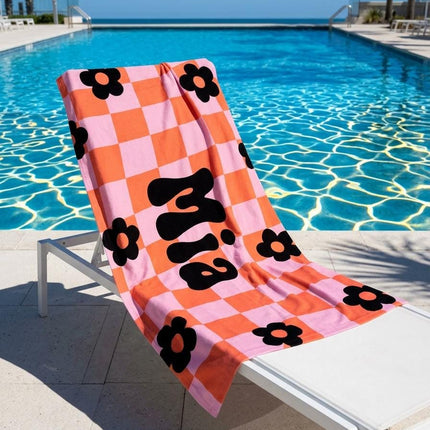 Personalized Retro Checker Beach Towel: 70s Style Custom Name Bath Towel