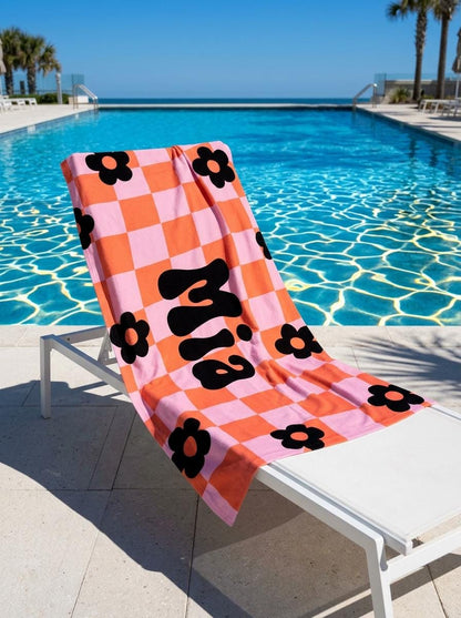 Personalized Retro Checker Beach Towel: 70s Style Custom Name Bath Towel