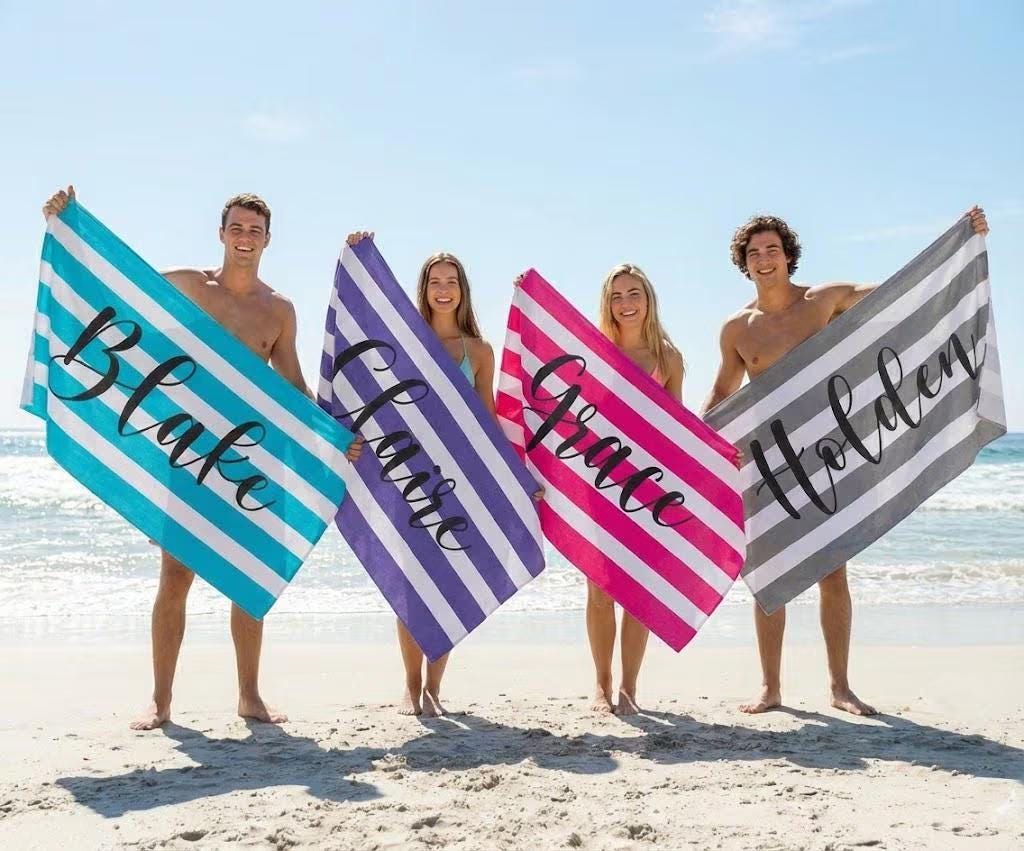 Personalized Stripe Beach Towel: Custom Name Bath & Pool Towel