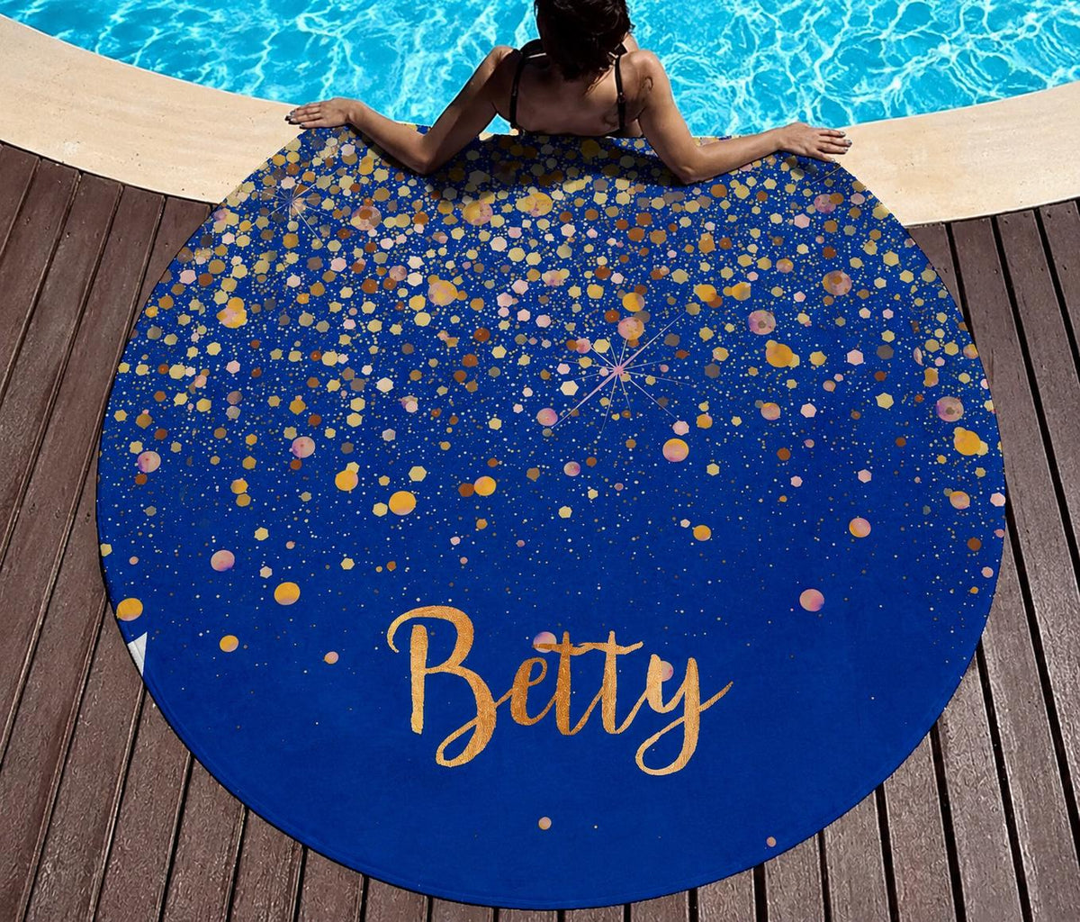 Personalized Glitter Style Round Beach Towel: Custom Name Vacation Gift