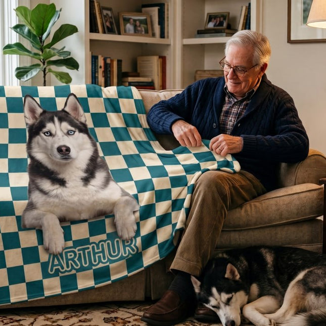 Custom Pet Photo Blanket: Checkerboard Dog or Cat Blanket