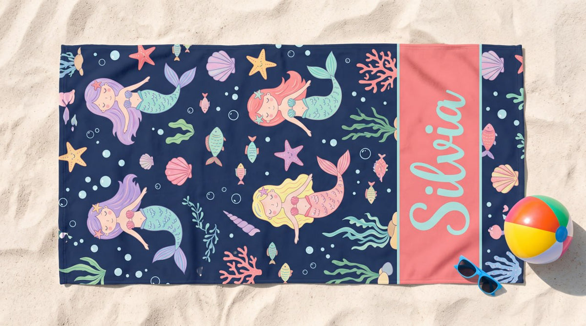 Personalized Mermaid Towel for Kids – Custom Name Beach & Pool Towel Birthday Vacation Gift