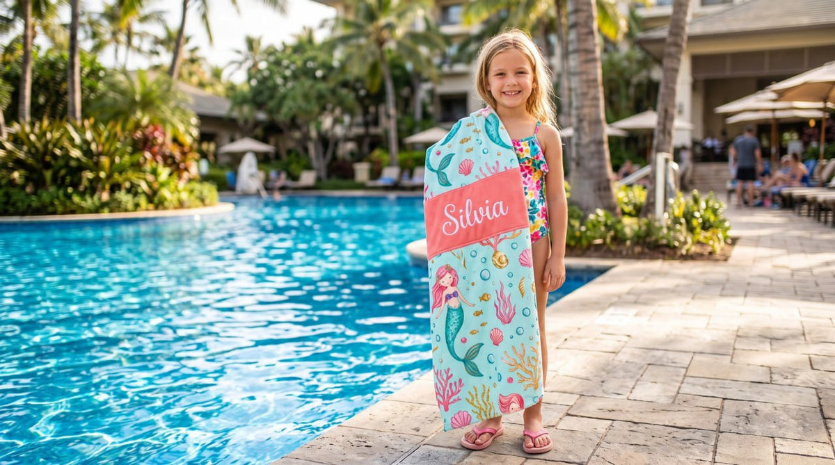 Personalized Mermaid Towel for Kids – Custom Name Beach & Pool Towel Birthday Vacation Gift