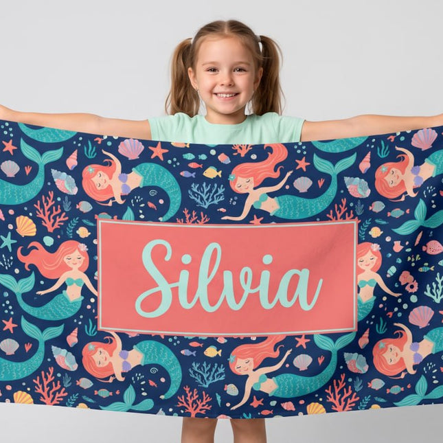 Personalized Mermaid Towel for Kids – Custom Name Beach & Pool Towel Birthday Vacation Gift