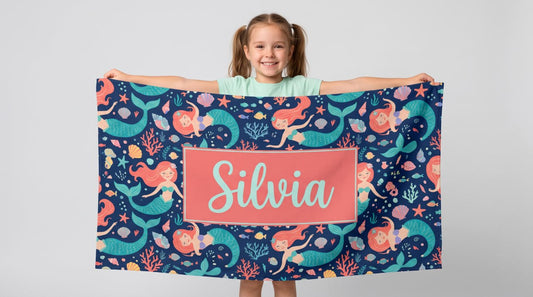 Personalized Mermaid Towel for Kids – Custom Name Beach & Pool Towel Birthday Vacation Gift