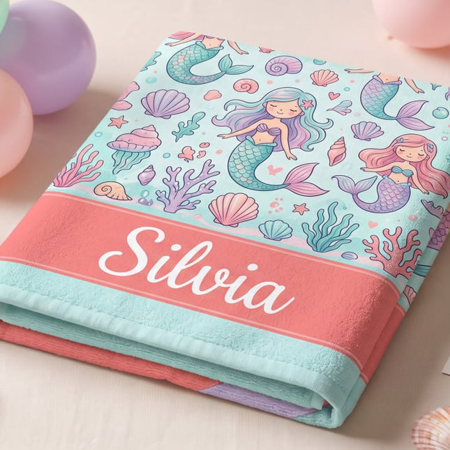 Personalized Mermaid Towel for Kids – Custom Name Beach & Pool Towel Birthday Vacation Gift